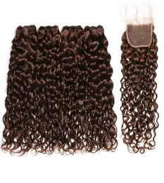 Chocolate Marrom Indiano Virgem Cabelo Humano Molhado e Ondulado 4 Pacotes com Fechamento de Renda 4 Cabelo Humano Castanho Escuro Tece com Fechamento Superior 9710611