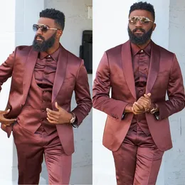 Moda düğün erkekler smokin damat giymek şarap kırmızı şal yaka formal takım elbise özel boyut 3 adet ceket+yelek+pantolon