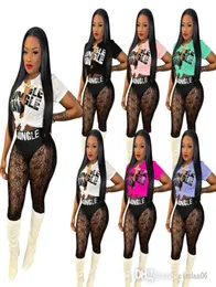 2022 Sexy Designer Womens Two Piece Pants Set Irregular Split Letter Impresso Camiseta Lace Perspectiva Sheer Yoga Calças Outfits5824304
