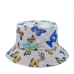 Berets Bucket Hat Women Butterfly Print Spring Summer Hats For Men Unisex Double Sided Bob Hip Hop Kpop Casual Caps
