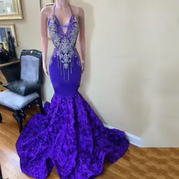 Lindo vestido de baile roxo sexy halter pescoço apliques contas sereia vestidos de noite com flores em cascata