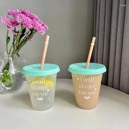 Water Bottles 470ml Transparent Plastic Straw Coffee Cup Korean Reusable Ice Cold Drinking Portable Large Capacity Fruit Juice Cups