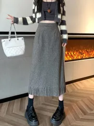 Spódnice retro wełniana spódnica dla kobiet jesień i zimowy styl wysokiego talii prosty frędzle szczupła koreańska linia A średniej długości