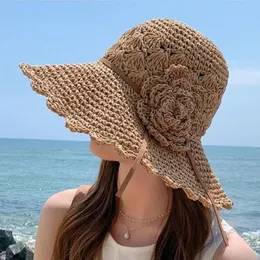 Moda verão feminino chapéus de sol balde boné laço bowknot flores fita plana chapéu panamá palha macia praia bonés aba larga 345m