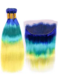 Silanda Hair Ombre BluAzzurroGiallo Tessuto capelli umani Remy diritti 3 pacchi con chiusura frontale in pizzo 13X47976923