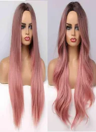 ALAN EATON Long Wavy Synthetic Ombre Black Pink Wigs for Women Cosplay Natural Middle Part Hair Wig High Temperature Fiber5192019