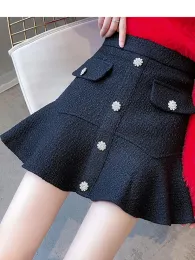 Skirt SMTHMA Fall Winter Black High Waist Tweed Skirt Womens Thick Woolen Mermaid Mini Skirt Saia Feminina