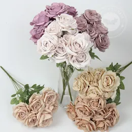 10 FlowersBunch Vintage Roses Coffee Bean Paste Purple Grey Pink Silk Bouquet For Birthday Party Wedding Decoration Room Layout 240301