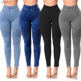 Jeans femininos mulheres jeans magro magro sólido denim calças de cintura alta plissada designer de moda sexy hip hop clubwear 2xl 240304