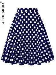 Kjolar kvinnor retro vintage polka dot tryckt banan flare kjol elegant 2023 blå hög midja bomull 40 -tal 60 -tal mode veckade kjolar