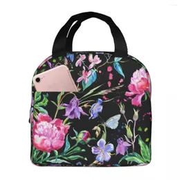 Dinnerware Peonies And Dragonflies Butterflies Lunch Bag Insulated With Compartments Reusable Tote Handle Portable For Kids Picnic School