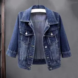 Spring Autumn Women Denim Jacket Lapel 34 Sleeve Flap Pockets Coat Single Breasted Casual Short Lady Outerwear 240229