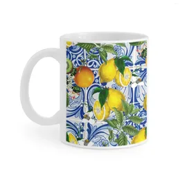 Mugs Mediterranean On Blue Ceramic Tiles White Mug Coffee Cup Milk Tea Cups Gift For Friends Yellow Green Orange Kiwi