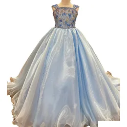 Flickans tävlingsklänningar Girls Long Shimmer Dress Ballgown Cap ärmar 2023 Little Kid Birthday Formal Party Wedding Guest Runway Gown DH06L