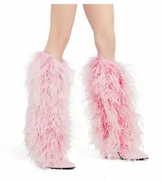 Light Ostrich Feather Pointed Toe High Heel Women's Boost Spring Winter Knee High Length Fur Dress Shoes