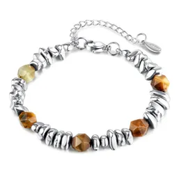 Irregular Beaded Simple Hip Hop Stainless Steel Tiger's Eye Bracelet For Mens Women Boys Fashion 7.87inch +5cm n1493