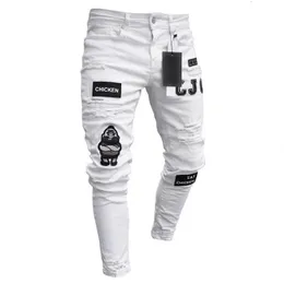 Белые узкие рваные джинсы с вышивкой, мужские хлопковые эластичные облегающие джинсовые брюки в стиле хип-хоп, повседневные мужские джинсы для бега, брюки 240228