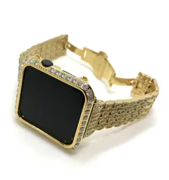 Espumante BlingBling Diamante Dourado Relógio Moldura Caso Faixa de Relógio de Aço Inoxidável Dourado para Apple Watch S1S2S3 42mm G6063806