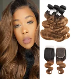 Ombre Brown Hair Bundles With Closure Color 1B 30 Brazilian Body Wave Hair 4 Bundles With 4x4 Lace Closure Remy Human Hair Extensi2699867