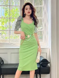 Dress Summer Women Midi Dress Sweet Elegant Girly Floral Appliques Puff Sleeve 3D Flower Belt Bag Hip Slit Gown Mujer Party Vestidos