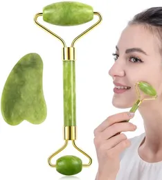 2in1 Set Green Natural Jade Roller Guasha Gua Sha Scraper Tools Stone Face Massager för Neck Back Jawline Skin Care Lyft med B3302975