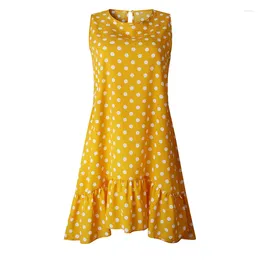 Casual Dresses Aecu Fashion 8 Color 2024 Spring and Summer Print Wave Point Ruffled Female Beach Style O-Neck Dot Dress