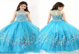 2017 New Sheer High Neck Beaded Crystal Seveless Ball Gown Turquoise Tulle Flower Girl Dresses Rachel Allan Girls Pageant Dresse8799469