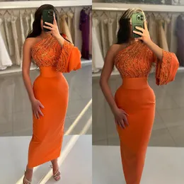 Sexy orangefarbenes Ballkleid mit Pailletten, One-Shoulder-Oberteil, formelle Abendkleider, elegante Ogstuff-Partykleider für besondere Anlässe, knöchellange Robe de Soiree