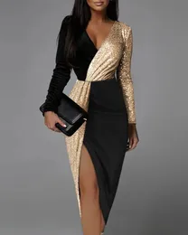 Luxuriöses Midi-Kleid mit hoher Taille für Partys und Abende, elegantes Schwarz-Gold-Pailletten-Patchwork, lange Ärmel, Abschlussballkleid mit Schlitz 240227