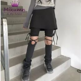 Capris Mikumn Harajuku Y2k Нерегулярные брюки Модные повседневные длинные брюки на шнуровке из двух частей Женские брюки с высокой талией Юбка Уличная одежда