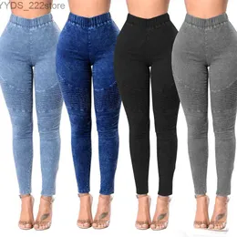 Jeans jeans magro magro sólido denim cintura alta plissado designer sexy hip hop clubwear 2xl 240304
