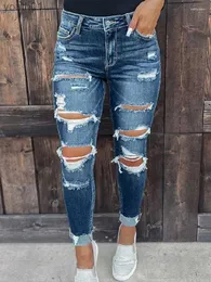 Dżinsowe dżinsy kobiety rozciągnięte dżinsy strzępione rem w trudnej sytuacji dżinsowe spodnie z dziurą 240304