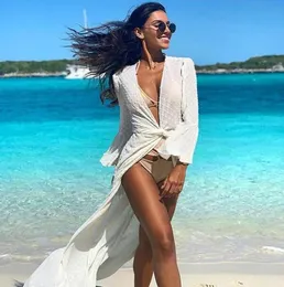 شاطئ Long Maxi Dress Women Beach Cover Up Tunic Pareo White v Drick Dress Robe Swimwear Beachalear Dresses Vestidos6039236