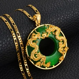 Auspicious Dragon 14K Gold Pendant Necklace Women Men Jewelry Chinese Style Naturally Green Jade Good Luck Happiness