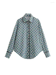 Bluzki damskie pojedyncze piersi, obrócone kołnierze damskie piżamą Styl luźne topy moda geometryczny nadruk 2024 Niebieskie długie koszule dziewczyny