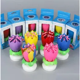 양초 뮤지컬 생일 케이크 캔트 연꽃 꽃 꽃이 꽃 회전하는 반짝이는 액세서리 선물 1005 드롭 배달 홈 정원 DHPAC