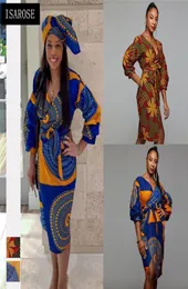 Isarose African Dashiki Dress v Beck Belt Slit Rich Print Bazin High Waistline Plus Size Office Lady Women Daily Clothing7010908