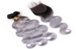 Body Wave 1BGrey Ombre fasci di capelli umani vergini brasiliani con chiusura Ombre capelli grigio argento tesse trame con pizzo 4x4 anteriore C3606786