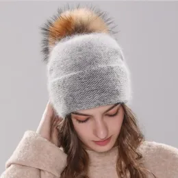 Novo chapéu feminino gorro de inverno chapéu de malha angola pele de coelho gorro menina outono boné feminino com pele pom pom259r