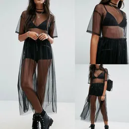 Sarongs Women See Through Bikini Cover Up Gauze Mesh Midi Dress Sheer Maxi Tulle Lace Long Beach Females Sexy Suit Sarongs300Q