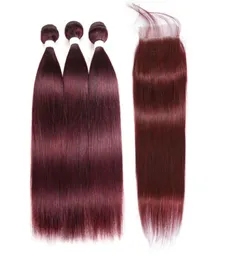 99J Straight Bundle With Closure Brazilian Remy Human Hair Burgundy Red Colored 3 Bundles With 4x4 Lace Closures6233757