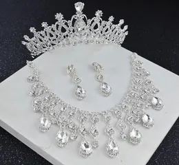 Vintage 2022 Crystal Silver Bridal Crown Jewelry Necklace Earring Sets Women Wedding Accessories Set Formal Events Weardress2904101