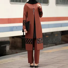 Sets Islamische Ramadan Eid Muslim Kleid Frauen 2 Stück Korsett Anzug Hemd Breite Bein Hosen Dubai Abaya Spitze Up Einfarbig kaftan Kleidung