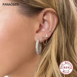 Stud Earrings PANAOBEN 1PC 925 Sterling Silver Two Zircons Long Chain For Women Earings Piercing Earring Jewelry Pendientes