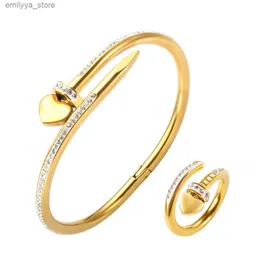 Charm Bracelets Stainless Steel Heart Shape Bracelet Gold Plated CZ Bangle Crystal Love Ring For Women Girl Trendy Jewelry Set Gift