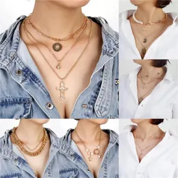 Pendant Necklaces Boho Fashion Gold Color Punk Chain Star Cross Crystal Sun Necklace For Women Multilayer Choker Vintage Jewelry Gfit