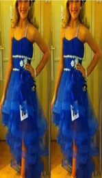 Halter Girls Pageant Gowns Sequins Boncuklar Katmanlı Kraliyet Mavi Çiçek Kız Elbise Gençler Tül Kanat Çocukları Resmi Giyim Kızlar Düğün P7451811