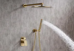 Badezimmer-Duschset aus gebürstetem Gold, 810 Zoll, Rianfall Duschkopf, Wasserhahn, Wandmontage, Duscharmatur, Umsteller 8825348