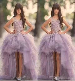 Lavender High Low Girls Pageant Gowns Lace Applique Princess Flower Girl Dresses For Wedding Tiered Skirt Tulle Puffy Kids Party D9892476