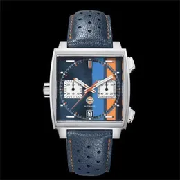 42% zniżki zegarek Waterproof Waterproof skórzany pasek ze stali nierdzewnej kwarc chronografu Blue Gulf Racing Sapphire Special Edition Watches271L272X